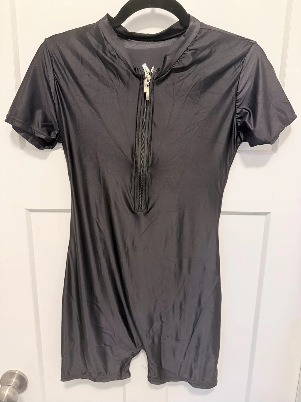 Men’s Short Sleeve Black Swim Romper with Front Zip